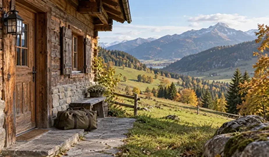 Illustration einer einfachen Jagdreise-Unterkunft in einer europäischen Berglandschaft; kein bestimmtes Hotel