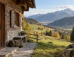Illustration einer einfachen Jagdreise-Unterkunft in einer europäischen Berglandschaft; kein bestimmtes Hotel